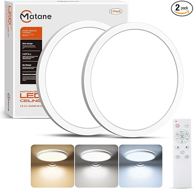 Matane 2Pack Motion Sensor LED Ceiling Light with Remote, 12 Inch Wired Flush Mount Light 3000K 4000K 5000K, 2400LM Dimmable Motion Sensor Light Indoor for Closet Hallway Laundry Stairs New Version
