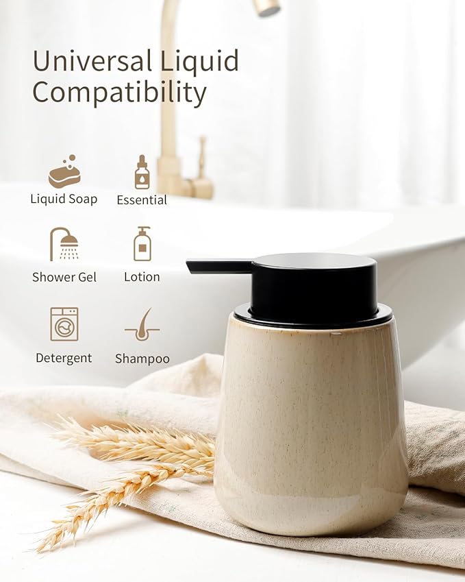 BosilunLife Hand Soap Dispenser - Ceramic Dish Soap Dispenser for Bathroom 12ounce Refillable Liquid Hand Wash Dispenser for Essential Oil, Lotion Soap, Greige with Speckle