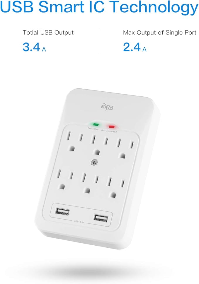 KMC 6-Outlet Surge Tap, 2 USB Ports (3.4A), 980 Joules Surge Protector, White