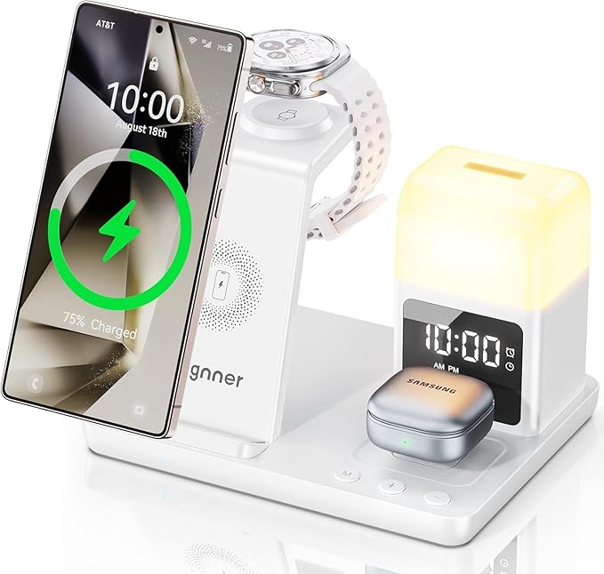 6 in 1 Wireless Charging Station for Samsung Android with Clock & Night Light，Alarm Clocks for Bedrooms,Wireless Charger Stand Beside Clock for Galaxy S26 S25 S24 Ultra Galaxy Watch Galaxy Buds