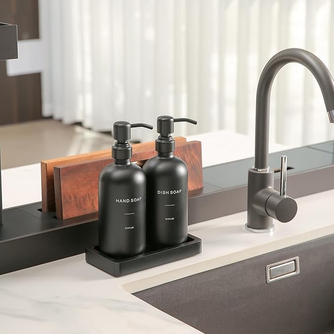 Prus Waso Matte Black Soap Dispenser Set, Kitchen Soap Dispenser Set with Black Stainless Steel Pump, Perfect for Kitchen Decor and Accessories. (Black)