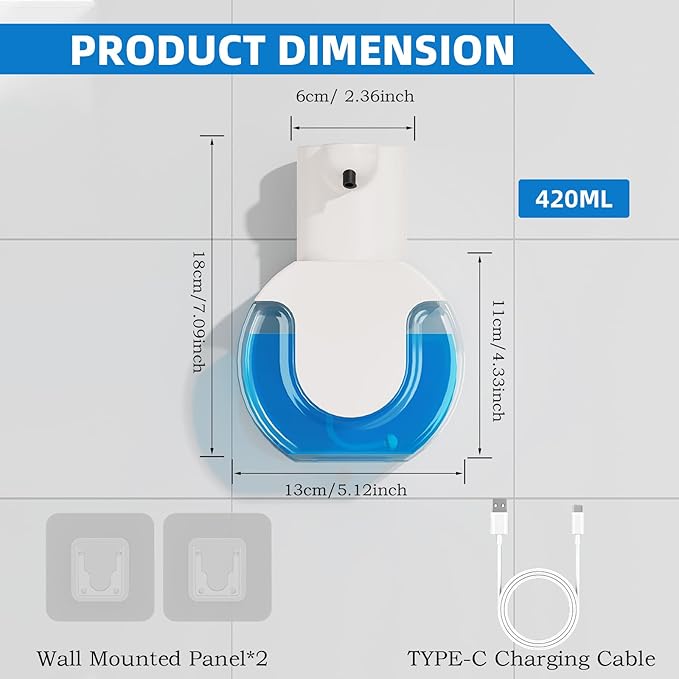 Automatic Soap Dispenser Touchless,Rechargeable Foaming Soap Dispenser,15oz/420ml Smart Hand Soap Dispensers,4-Level Adjustable,Wall Mount for Bathroom Kitchen Dish Soap,Hands-Free