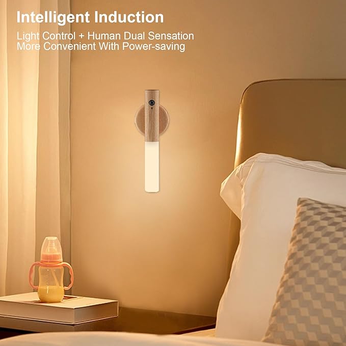 LANDGOO LED Automatic Motion Sensor Lights Wall Lamps Set of 2 Sconces Battery Operated Rechargeable Portable Magnetic 360° Rotation Cordless for Bedroom Bedside (White Ash Wood 2pcs)