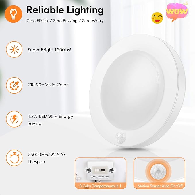 Brightever Motion Sensor LED Ceiling Lights, 1200LM & 15W(100W Equivalent), 3000K/4000K/5000K Selectable, 7.5inch Flush Mount Lighting Fixture for Indoor, Stairs, Pantry, Closet, Pack of 4, White