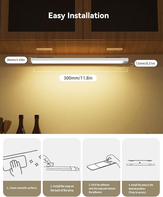 12 Inches Under Cabinet Lighting 3 Packs, Rechargeable Motion Sensor Light Indoor, 3 Color Temps, Dimmable Closet Light Stick on, Under Counter Lights for Kitchen