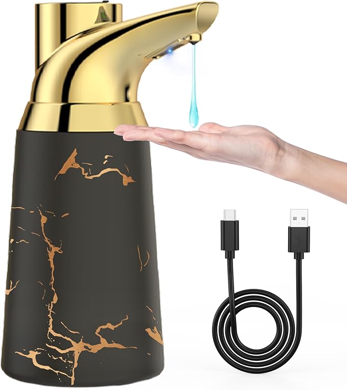 Adjustable Automatic Soap Dispenser Touchless, Ceramic Material，4 Adjustable Levels， Type-c Rechargeable Operated Sensor Liquid Soap Pump，Touch-Free Hand Sanitizer Dispenser (Black Gold)