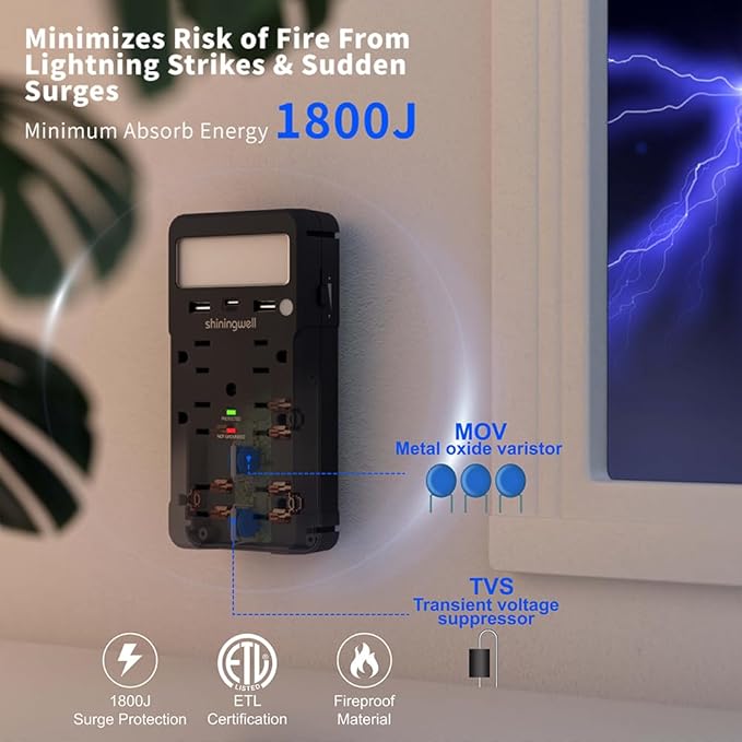 Wall Outlet Extender with Shelf and Night Light, Surge Protector with 3 USB Ports (2A+1C) and 6 AC Outlets, Multi Plug Power Strip Electric Outlet Splitter for Home and Office Use, Black