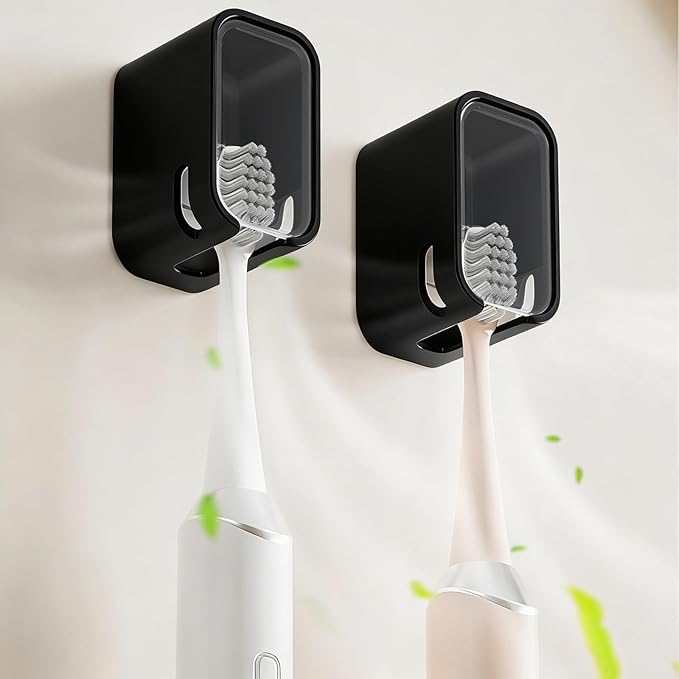 2 Pack Toothbrush Holders for Bathroom, Self Adhesive Wall Mounted Toothbrush Holder with Cover, Single Toothbrush Dispenser Storage Organizer for Family, Travel, Waterproof and Dustproof (Black)