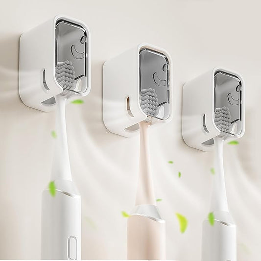 3 Pack Toothbrush Holders for Bathroom, Self Adhesive Wall Mounted Toothbrush Holder with Cover, Single Toothbrush Dispenser Storage Organizer for Family, Travel, Waterproof and Dustproof (Grey)