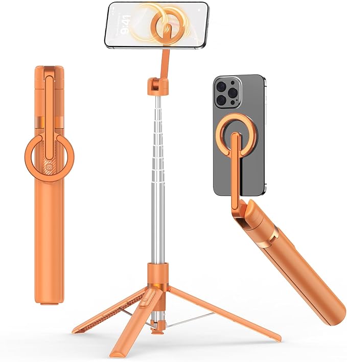 TONEOF 68" Magnetic Selfie Stick Tripod with Aluminum Strong Magnetic Holder for Magsafe, 360° Rotatable Travel Phone Tripod Stand with Metal Ring & Rechargeable Remote for iPhone/Android（Orange）