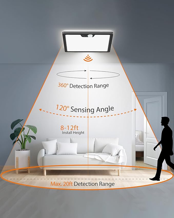 Annaror 12in Motion Sensor Ceiling Light Wired, 3000K 4000K 5000K Selectable, 24W Flush Mount Square Motion Ceiling Light with 3 Timer for Closet Porch Stairs Hallway, Black