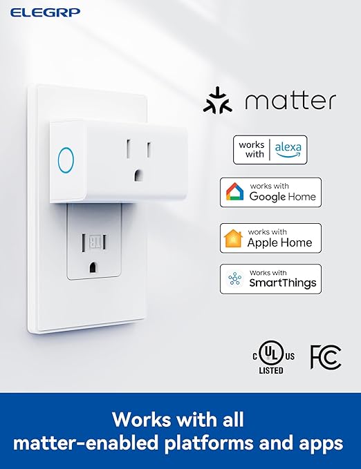 ELEGRP Matter Supported Mini Smart Plug, Smart Outlet 15A/1800W Max, Compatible with Apple Home, Siri, Alexa, Google Home, SmartThings, Compact Design, UL Certified, 2.4G Wi-Fi Only, White, 2 Pack
