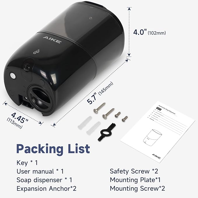 AIKE Liquid Automatic Wall Mount Soap Dispenser,Battery Operated Model AK1216,Black