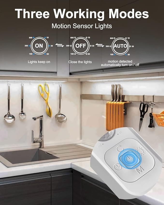Motion Sensor LED Strip Light - Cabinet Strip Lights with 24W Plug, Dimmer and Timing, Indoor Light Strips for Kitchen Cabinets, Stair, Under Bed, Showcase, Bedroom, 9.84ft 6000K ColdWhite