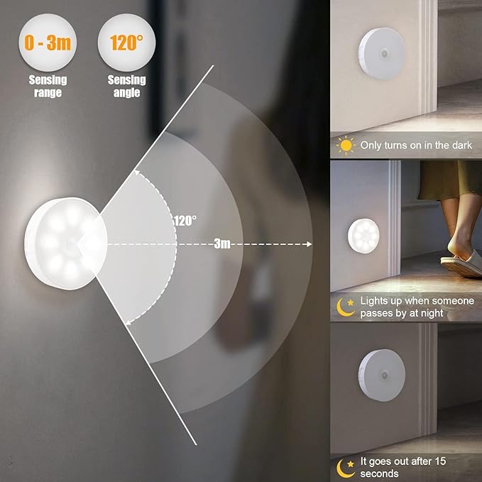 6 Pack Motion Sensor Light Indoor [8 LEDs], Electight Night Light USB Rechargeable, 400 mAh Battery & 3 Light Modes, Cordless Magnetic Sticker Nightlight, for Stair, Closet, Hallway - 6000K Cold White