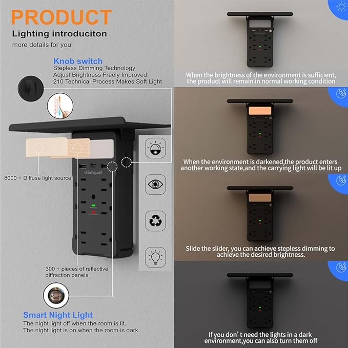 Wall Outlet Extender with Shelf and Night Light, Surge Protector with 3 USB Ports (2A+1C) and 6 AC Outlets, Multi Plug Power Strip Electric Outlet Splitter for Home and Office Use, Black