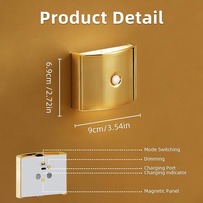 2 Pack Motion Sensor Wall Light, Rechargeable Wall Sconce with 3 Color Temperatures and Brightness Adjustable, Wireless Magnetic Mount for Bedroom, Stair, Hallway, Closet (2, Gold)