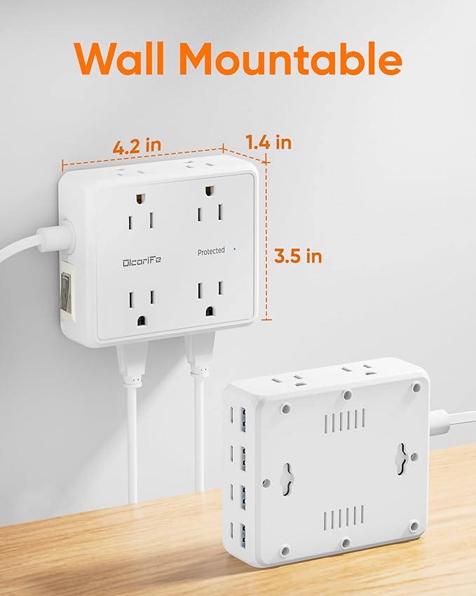 Olcorife Flat Plug Power Strip with 10 FT Extension Cord, 8 Outlets 8 USB Ports(4 USB C), 3 Sided Outlet Extender for Home Office Travel Dorm Room Essentials, White