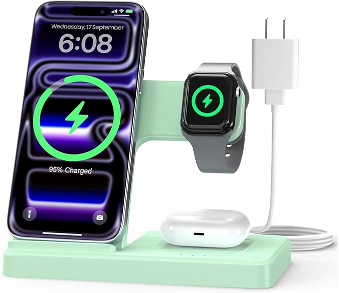 Wireless Charger Stand Charging Station: 3 in 1 Charger Multiple Devices for Apple iPhone 17 16e 16 15 14 Pro Max 13 12 11 for Watch 11 10 9 8 7 6 5 4 3 2 SE and Ultra & Airpods Series, Light Green