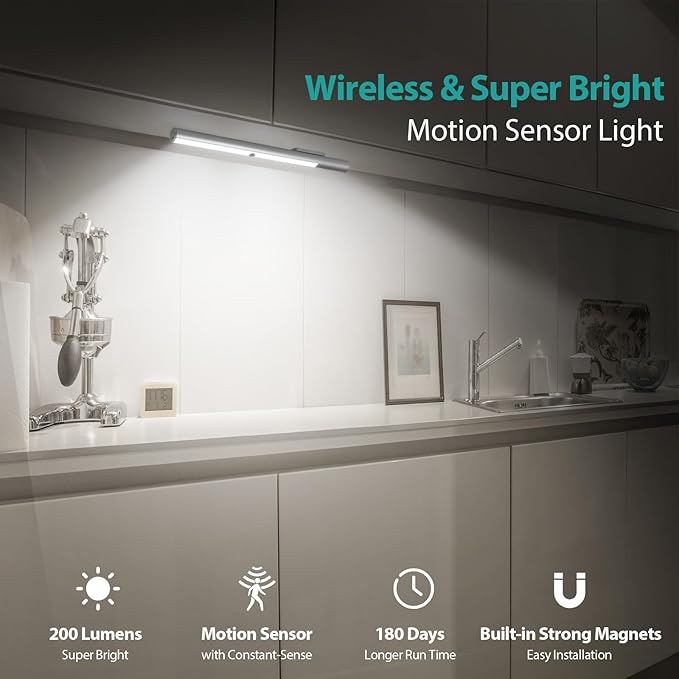 BLS 48 LED Closet Lights, Motion Sensor Light Indoor, 4500mah Build-in Large Rechargeable Battery, Wireless Under Cabinet Lighting for Kitchen/Pantry/Wardrobe/Wall/Stair, 6000K Clean White (2 Pack)