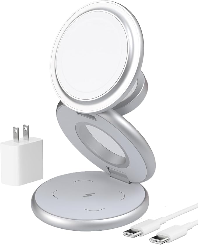 KU XIU X63 3 in 1 Charging Station for Apple, Aluminum Alloy Foldable Magnetic Wireless Charger, Travel Charger for iPhone 16/15/14/13/12 Series, Apple Watch& AirPods(with 20W Adapter)-Silver