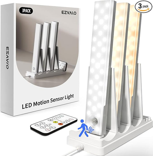 EZVALO 3-Pack Under Cabinet Lighting with Charging Station, 2000mAh Rechargeable Wireless Motion Sensor Lights, 3 Color Temps, Dimmable, Timer, Magnetic, with Remote Control for Kitchen, Closet