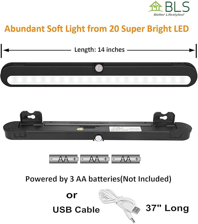 BLS T01LB LED Closet Light Super Bright 20 LED Under Cabinet Lighting Battery Powered/DC Input Wireless Motion Sensing Light, Auto On Off Switch, Motion & Light Sensor, Light Beam Adjustable