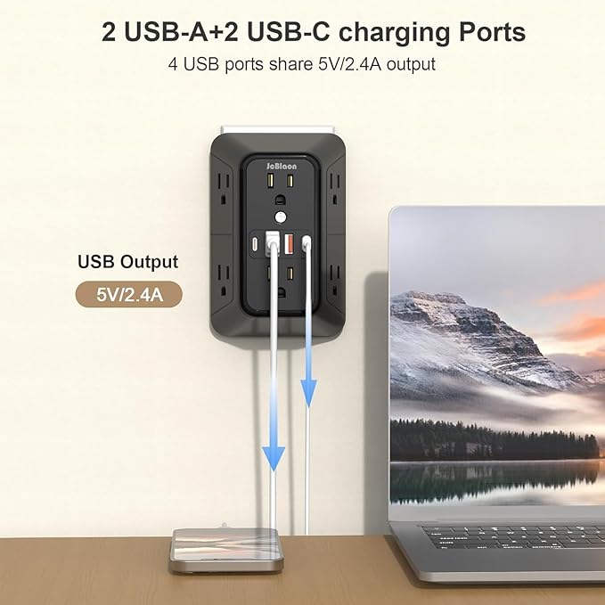 JcBlaon 3 Pack Outlet Extender Surge Protector, 6 Outlet Splitter with 4 USB Ports (2 USB C),1050J 3-Sided Multi Plug Wall Outlet, USB Wall Charger for Home Office Kitchen Travel（Black）