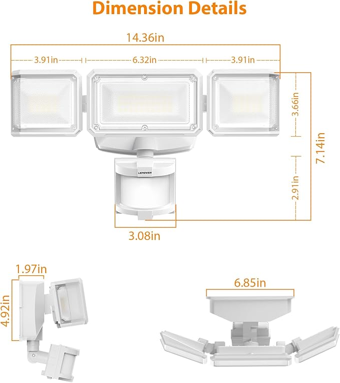 LEPOWER Battery Powered LED Flood Light Outdoor,1500LM Motion Sensor Security Lights, IP65 Waterproof,Wireless Flood Light Battery Operated,3 Head Motion Detector Light for Garage,Yard,Porch(White)
