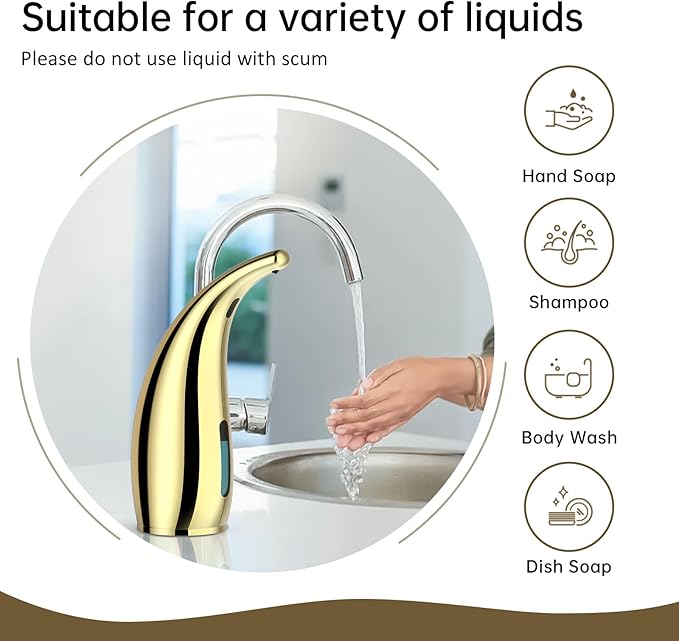 Automatic Soap Dispenser Touchless,300ML Hand & Dish Countertop Electric Liquid Rechargeable Dispenser with Sensor,Modern 4 Gear Adjustable Waterproof Kitchen Auto Soap Pump（Gold）
