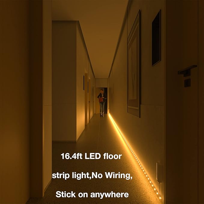 WOBANE Dual Motion Sensor Under Bed Lights,Rechargeable 16.4ft LED Light Strip,Battery Powered Tape Light for Shelves,Cabinet,Anywhere,PIR Detector,Cuttable,Flexible,2700K Warm White