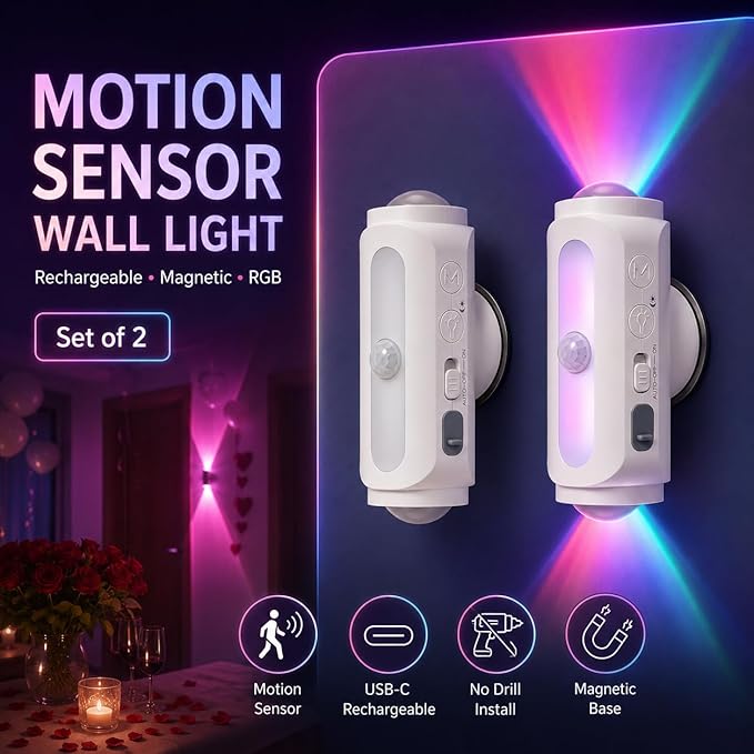 Motion Sensor Wall Light, Rechargeable Peel and Stick on Sconce Set of 2, Wireless No Drill RGB Wall Lamps, Magnetic Battery Operated Indoor Lighting for Hallway, Stairs, Bedroom, Bathroom, Bar Decor