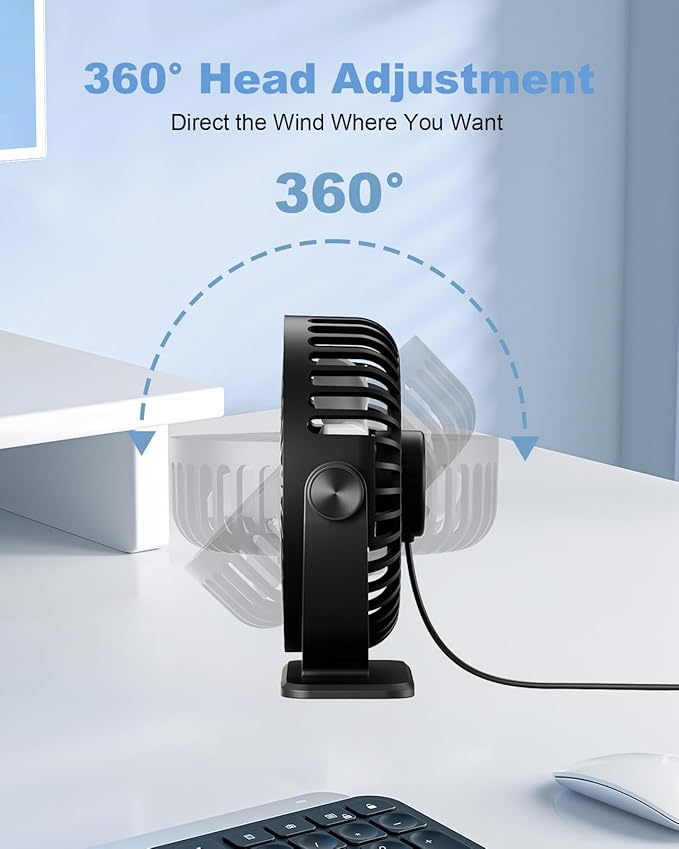 TriPole Desk Fan USB Powered Small Portable Fan, 3 Speeds Adjustable Strong Breeze Mini Personal Fans, 360° Rotation Quiet Plug In USB Fans for Desktop Bedroom Office Table Travel, Black, 4.9ft Cable