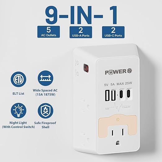 Snug Multi Plug Wall Outlet with USB Ports (2C2A), Wall Outlet with Night Light, Surge Protector, Wall Plug Adapter for Multiple Devices, Wall Socket Expander