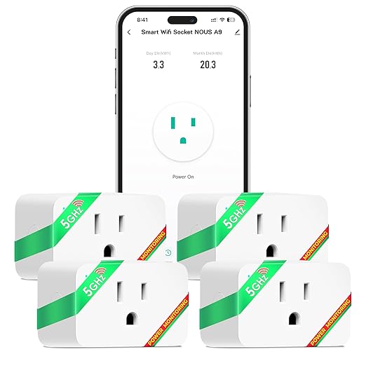 NOUS Wi-Fi Smart Plug 15A, Dual-Band 2.4GHz & 5GHz, Energy Monitoring, Compatible with Alexa, Google Home, Tuya Smart App, Remote Control, Timer, Compact Design, Smart Outlet, 4 Pack