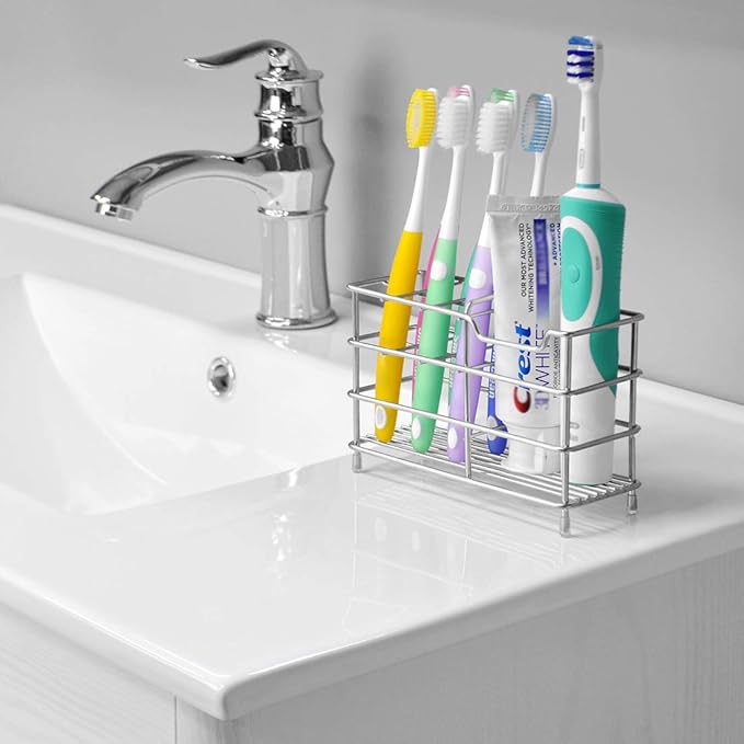 Linkidea Toothbrush Holder for Shower, Bathroom, Stainless Steel Tooth Brush Storage Stand Rack, Wallmount/Countertop 7 Slot Organizer Compatible with Colgate Extra Clean, Oral-B CrossAction