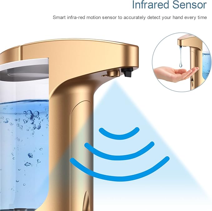 370ml Touch-Free Battery Operated Electric Automatic Liquid Soap Dispenser - Adjustable Soap Dispensing Volume - Premium Soap Dispenser for Kitchen Bathroom Toilet (Golden)