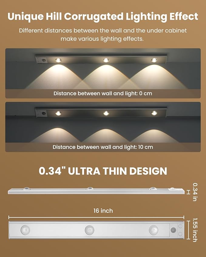 3 LED Under Cabinet Light, Under Counter Dimmable Lighting with Motion Sensor, USB Rechargeable Motion Sensor Light, Cat’s Eye Hill Corrugated Effect, for Display Cabinet, Showcase, Wine Cabinet