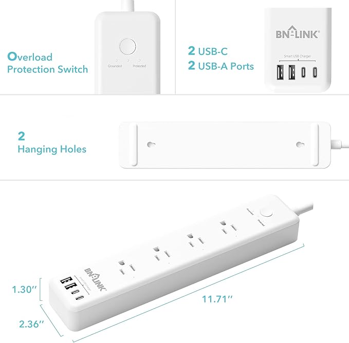 BN LINK Smart Plug Power Strip，Surge Protector with 4 Individually Controlled Smart Outlets, 4 USBs (incl. 20W USB-C), Compatible with Alexa and Google Home