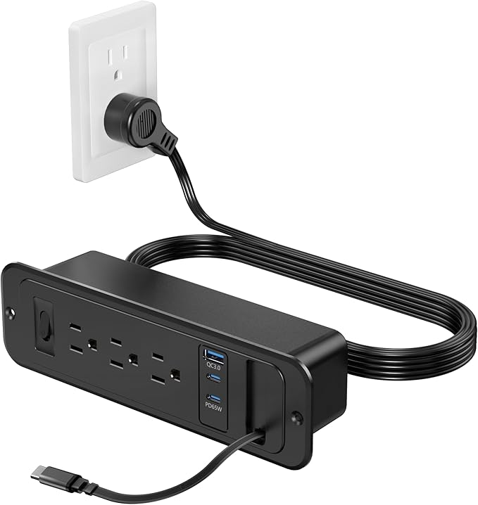 Recessed Power Strip with Retractable USB C Cable,2 PD 65W USB C Fast Charging,Flush Mount Countertop Drawer Outlet, Furniture Hidden Outlet for Side Table,End Table,3 Outlets (Black, 6FT-65W)