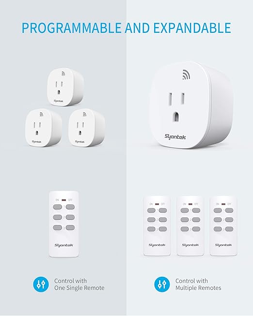 Syantek Remote Control Outlet Wireless Light Switch for Household Appliances, Expandable Remote Light Switch Kit, Up to 100 ft Range, FCC Certified, ETL Listed, White (3 Outlets + 1 Remotes)