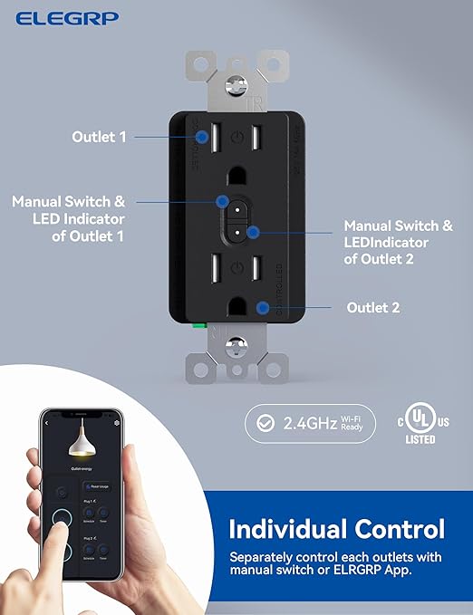 ELEGRP Smart Plug, Smart in-Wall Outlet Compatible with Alexa and Google Assistant, 2.4GHz Wi-Fi Smart Receptacle with Energy Monitoring, No Hub Required, UL Listed, Black, 2 Pack