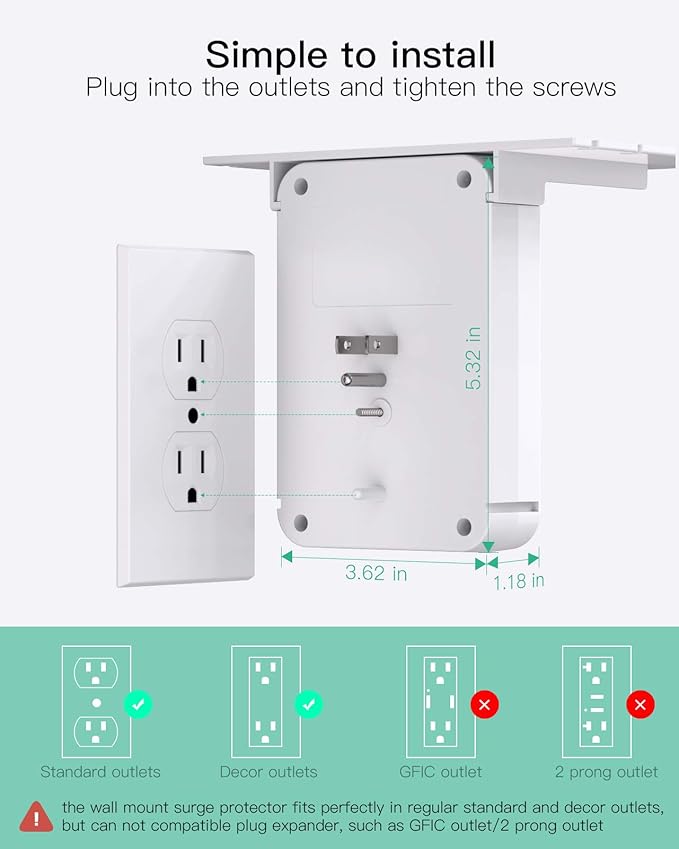 Wall Outlet Extender with Surge Protector, 6 AC Outlets, Shelf, 2 USB & USB C Charging Ports - Home & Dorm Plug Expander