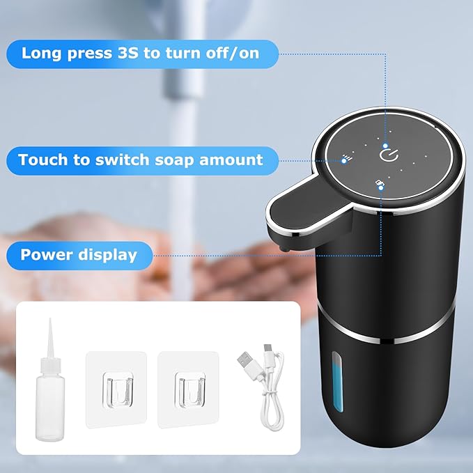Automatic Soap Dispenser Touchless,Liquid Soap Dispenser with 4 Adjustable Levels,12.8oz USB Rechargeable and Wall Mounted,Smart Hand Soap Dispenser for Bathroom,Kitchen Sink,Dish Soap(Black)