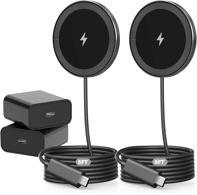 6FT Magnetic Wireless Charger Charging Pad - 15W Qi Fast Phone Charger Puck for Apple iPhone 17 16 15 14 13 12 Series & AirPods 4 3 2 Pro, Phone Charging Pad with Plug for Desk & Travel, 2Pack Black
