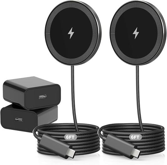 6FT Magnetic Wireless Charger Charging Pad - 15W Qi Fast Phone Charger Puck for Apple iPhone 17 16 15 14 13 12 Series & AirPods 4 3 2 Pro, Phone Charging Pad with Plug for Desk & Travel, 2Pack Black