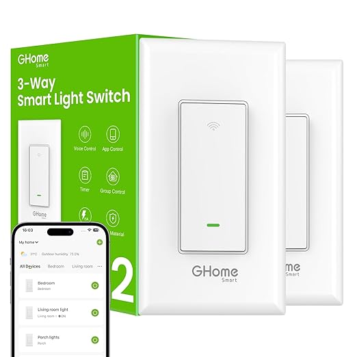 GHome Smart Switch, 3 Way Light Wi-Fi Switch Compatible with Alexa and Google Home, 2.4GHz Schedule Timer, Neutral Wire Required, 3-Way Installation and No Hub Required, FCC Listed (2-Pack), White