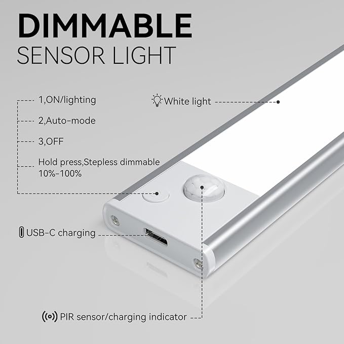 Under Cabinet Lighting, LED Magnetic Motion Activated Under Cabinet Lights, Rechargeable Closet Lights 2800mAh Battery Operated, Wireless Dimmable Under Counter Lights for Kitchen,Hallway 3 Pack