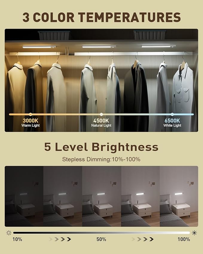 Under Cabinet Lighting Wireless Motion Sensor Light Indoor, 12" Rechargeable Kitchen Bar Lights, 300LM Ultra-Bright Cabinet Lights with Remote, 2500mAH, USB-C, 3 Colors, 3 Packs