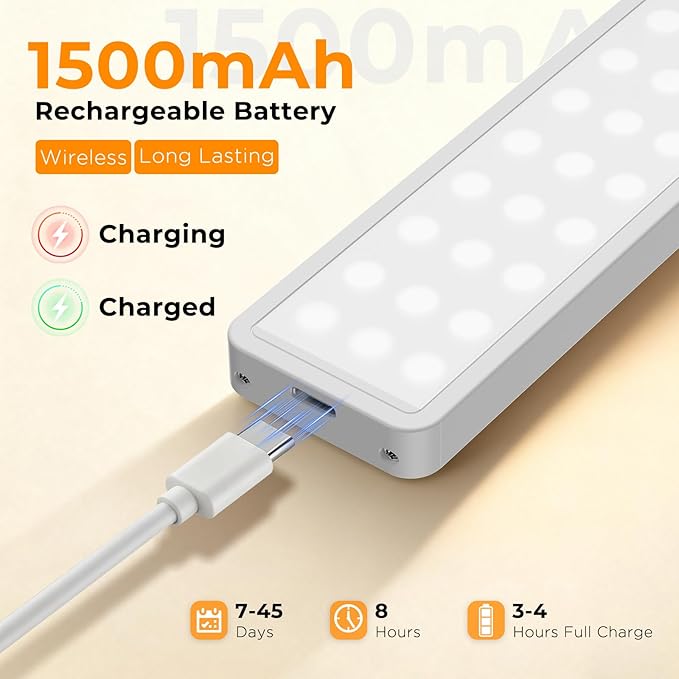 Under Cabinet Rechargeable Dimmable Lighting: 3 Color Temperature Motion Sensor Lights Indoor - Battery Operated Lights - Activated Closet Magnetic Wireless Led Light for Kitchen Home Bathroom Counter